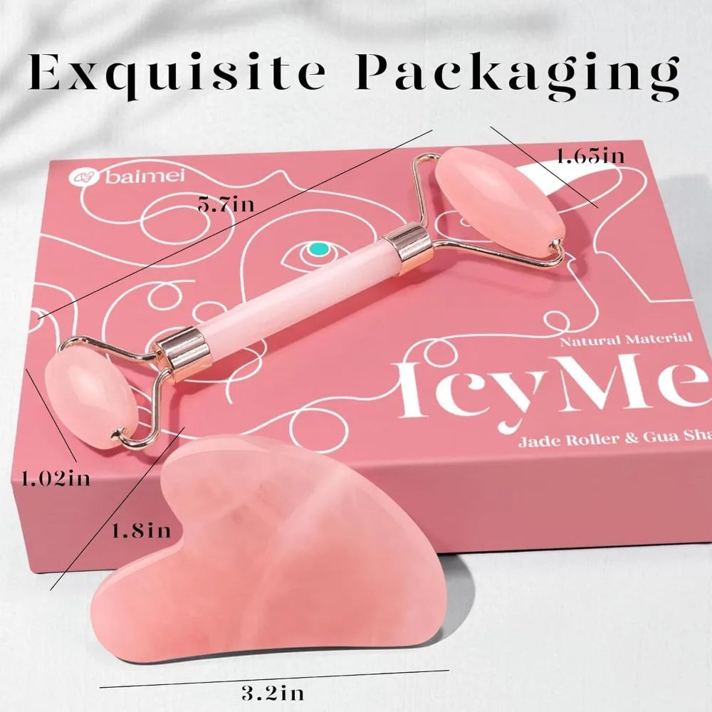 BAIMEI IcyMe Jade Roller & Gua Sha, Self Care for Men Women, Massager for Face, Eyes, Neck, Relieve Fine Wrinkles - Rose Quartz