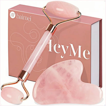 BAIMEI IcyMe Jade Roller & Gua Sha, Self Care for Men Women, Massager for Face, Eyes, Neck, Relieve Fine Wrinkles - Rose Quartz
